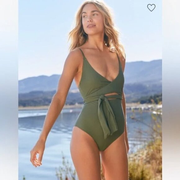 Aerie Wrap One Piece Swimsuit Bathing Suit Olive Green Sz Small - Picture 1 of 9